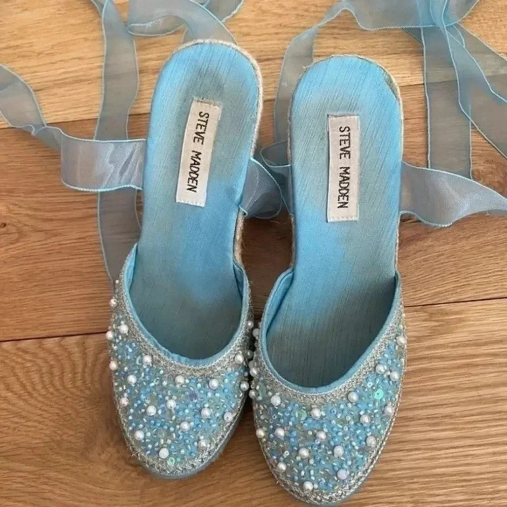 Steve Madden Blue Beaded Espadrilles Tie Up Wedges - Picture 4 of 15